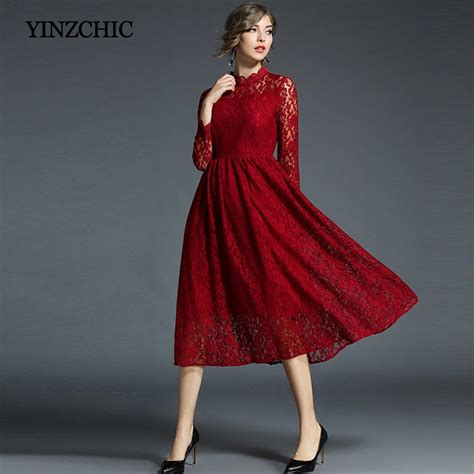 Solid Wine Red Woman Lace Dress Full Sleeve A Line Party Dresses Women