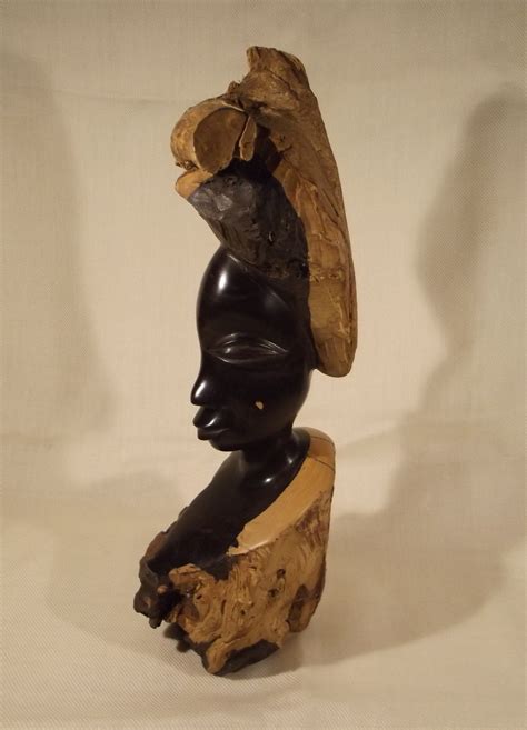 African Woman With Headdress Hand Carved From Ebony Wood Zambia