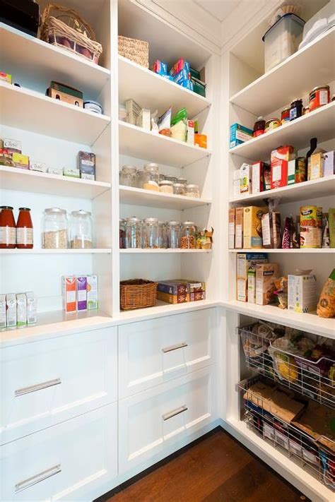 White Walk In Pantry With Wire Pull Out Bins Transitional Kitchen