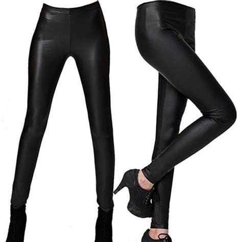 Women Fashion Black Thin Faux Leather Pencil Leggings Sexy Slim Fit Trousers In Leggings From