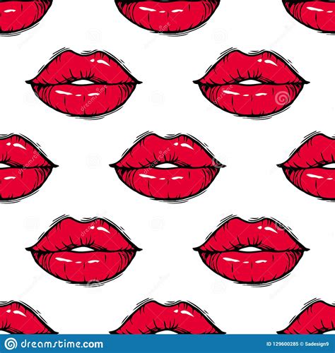 Seamless Pattern With Doodle Lips Hand Drawn Female Red Lips Isolated