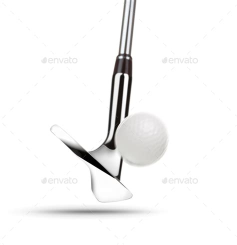 Chrome Golf Club Wedge Iron Hitting Golf Ball On White Background Stock