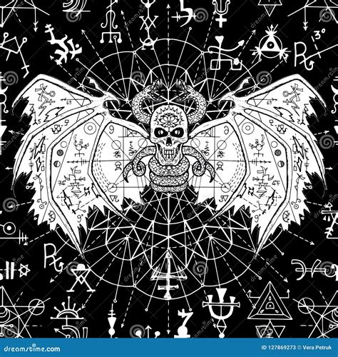 Seamless Pattern With Evil Demon And Mystic Geometric Symbols On Black