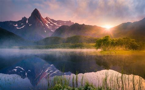 Nature Landscape Lake Sunrise Reflection Water Summer Mountain Mist Norway Trees Forest