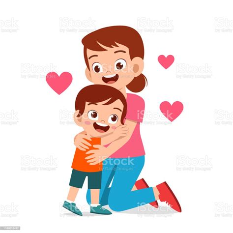 Happy Cute Kid Boy Hugging Mom Love Stock Illustration Download Image