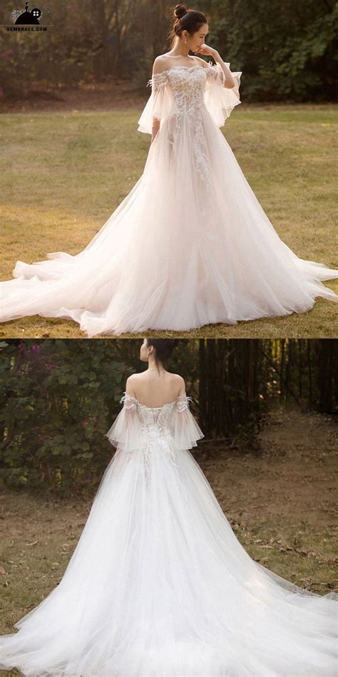 Beaded Lace Off Shoulder Empire Tulle Wedding Dress With Butterfly