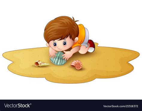 Illustration Of Cartoon Little Boy With Seashells In A Sand Download A