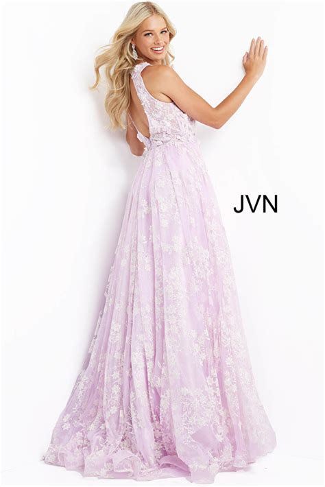 Jvn08567 Pink Floral Embellished Sleeveless Maxi Prom Dress