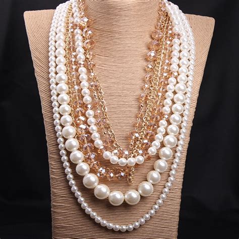 2015 Womens Fashion Long Necklace Multi Layer Pearl Crystal Necklace