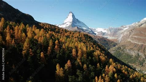 Matterhorn Peak With Golden Larch At Autumn Zermatt Switzerland