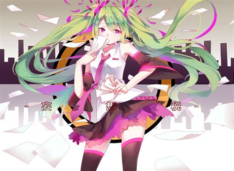 Aliasing Green Hair Hatsune Miku Long Hair Ofuda Plipa Purple Eyes Skirt Thighhighs Tie Vocaloid