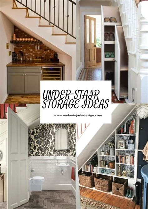 There Are Pictures Of Stairs And Storage Areas In This House With Text