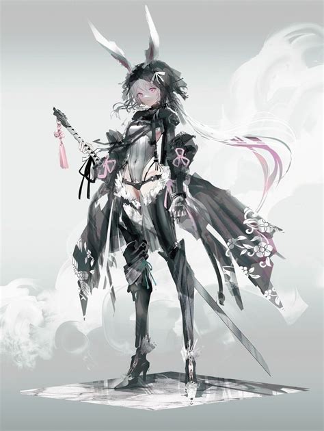 An Anime Character Holding Two Swords In Her Hand And Standing On Top