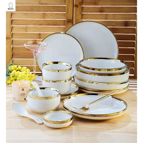 Boen White Nordic Luxury Set Ceramic Tableware Dinnerware Set Gold