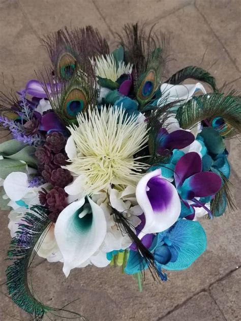 purple teal peacock bridal bouquet round cascading image 5 wedding colors floral wedding