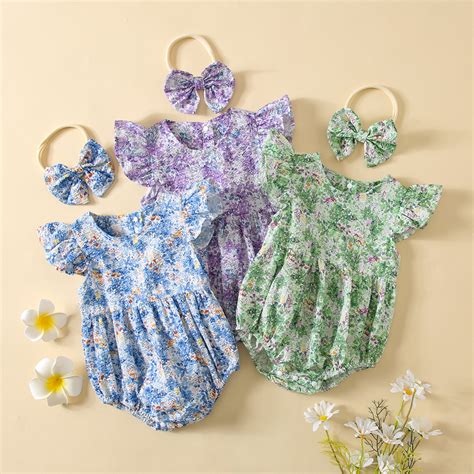 Baby Girls Floral Ruffle Romperheadband 2pcs Sets Print Fly Sleeve