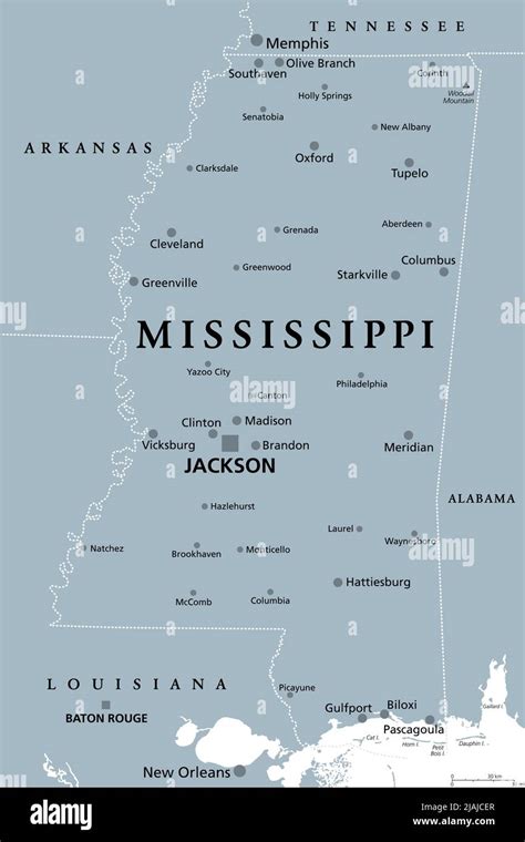 Mississippi Ms Gray Political Map With Capital Jackson And Large And
