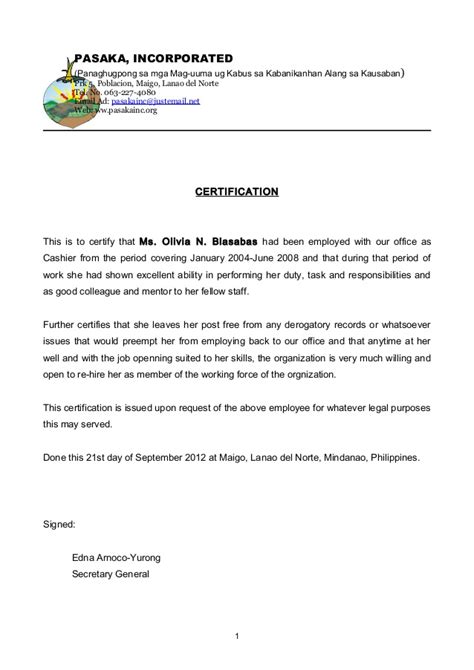 It is important to type the experience certificate on the official letterhead of the organization. Job Certificate -PASAKA, INC.