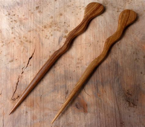 Two Teak 6 Inch Handmade Spiral Wooden Hair Sticks Pins Forks Pics Bun