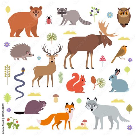 Vector Illustration Of Forest Animals Moose Deer Bear Hedgehog