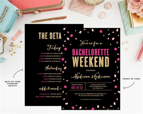 Bachelorette Weekend Invitation With Itinerary On Back Available As A Printed Or Printable