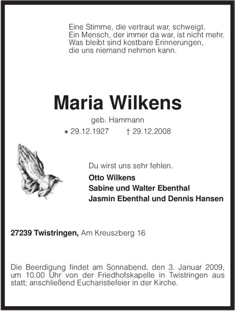 Traueranzeigen Von Maria Wilkens Trauer Kreiszeitung De
