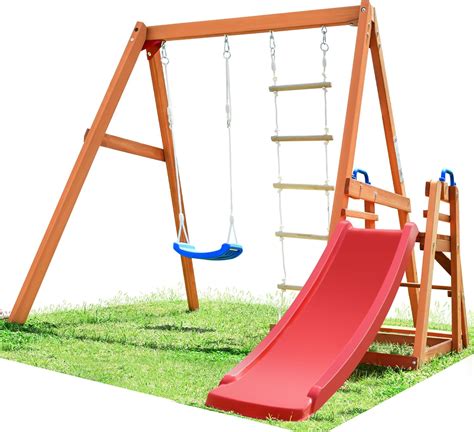 buy merax wood swing set for backyard 4 in 1 outdoor swing set with slide climbing rope ladder