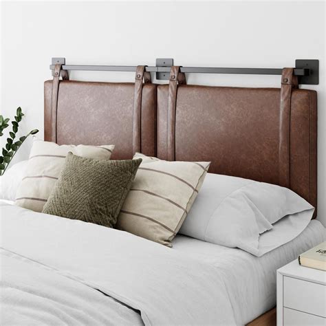 Nathan james harlow wall mount faux leather or fabric upholstered headboard, adjustable height vintage brown straps with black matte metal rail harlow, designed as a upholstered headboard, can also hang behind a bench or a set of stools in your dining or entryway to add softness and style. Nathan James Harlow 62 in. Vintage Brown Queen Wall Mount Faux Leather Upholstered Headboard ...