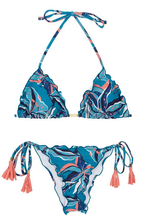 Floral Blue Scrunch Bikini With Tassels Lilly Frufru Rio De Sol