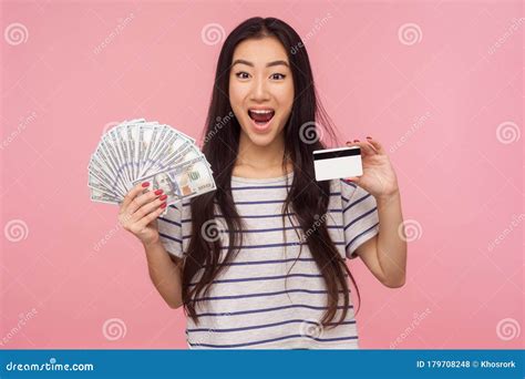 Wow Awesome Cash Deposit Portrait Of Amazed Bank Customer Surprised Brunette Girl Holding
