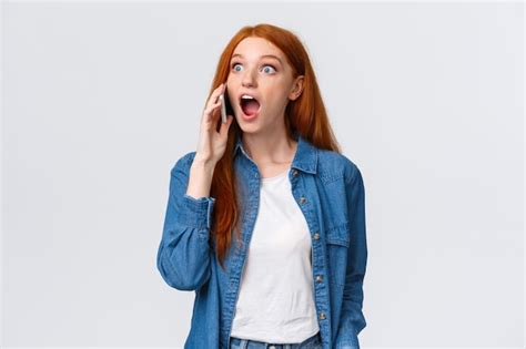 Premium Photo Girl Hears Amazing Great News On Phone Excited Lucky Redhead Girl Pick Up Phone