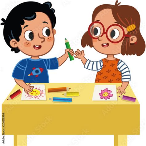 Two Cute School Children Sharing Colored Pencils Vector