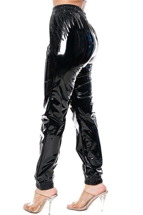 Glossy Leather Jogger Pants Metallic Black