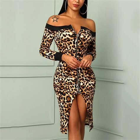 Fashion Women Sexy Leopard Print Bodycon Dress Elegant Zipper Party Club Mini Dress Off Shoulder