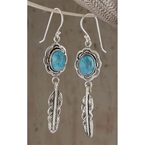 Sterling Turquoise Feather Drop Earrings Cowgirl Delight Drop