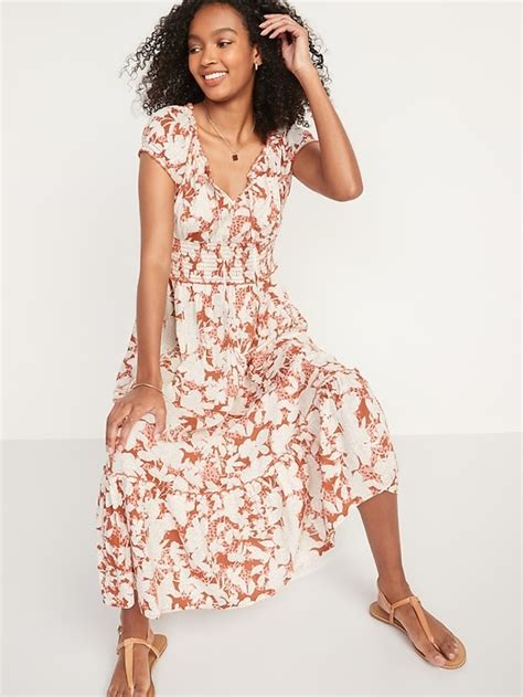 Old Navy Smocked Waist Defined Floral Print Midi Dress For Women