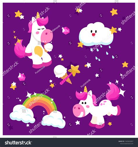 Cute Unicorn Set Magic Rainbow Clouds Stock Vector Royalty Free