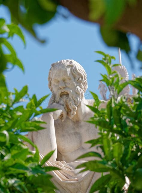 Socrates The Ancient Greek Philosopher Statue Between Green Foliage
