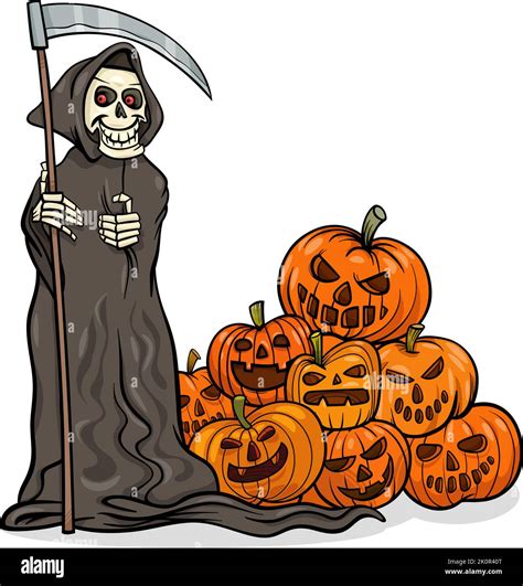 Cartoon Illustration Of Funny Grim Reaper With Scythe And Pile Of