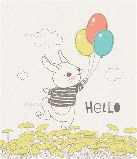 Hand Drawn Rabbit With Colorful Balloons On Floral Draw Rabbit