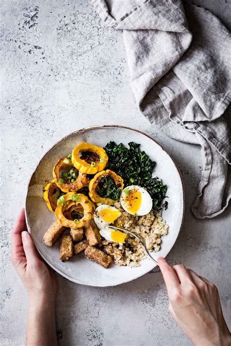 Fall Brown Rice Veggie Bowls With Crispy Tofu Roasted Squash And Miso