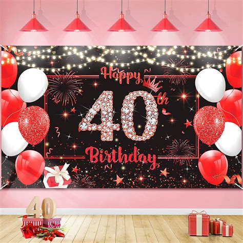 Red Happy 40th Birthday Banner Decorations For Women Men Large Red