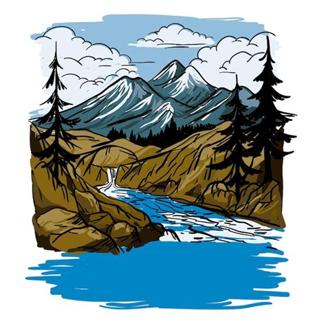 Premium Vector Vintage Mountain River Nature Illustration