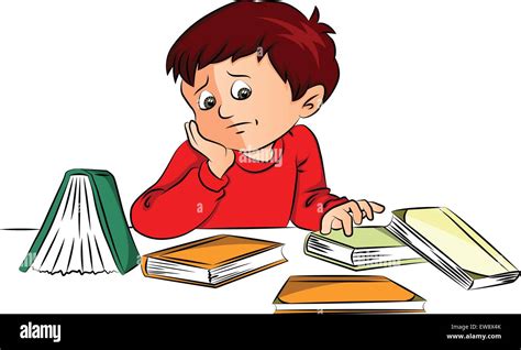 Vector Illustration Of Bored Little Boy With Books On Desk Stock Vector