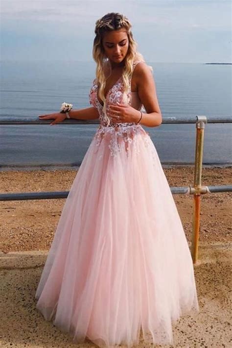 V Neck Tulle Lace Applique Light Pink Long Prom Dresses Light Pink Fo Shiny Party