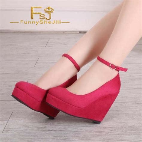 Red Closed Toe Wedges Suede Platform Ankle Strap Pumps Autumn Fashion
