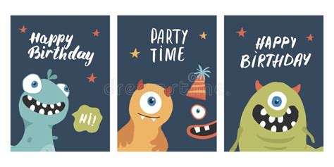 Birthday Cards Set With Cute Monsters Cartoon Monsters Collection