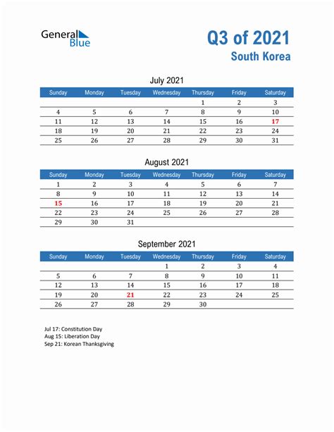 South Korea 2021 Quarterly Calendar With Sunday Start