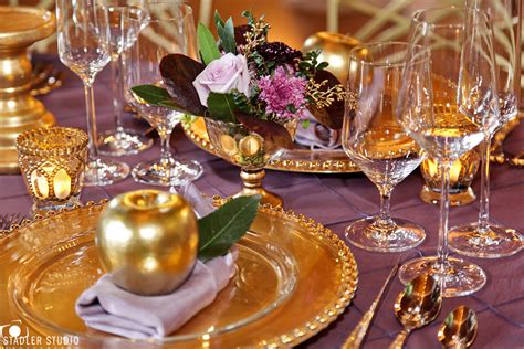 Elegant Gold And Purple Wedding Table Decor Takes Barn