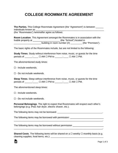 Free College Roommate Agreement Dorm Room Pdf Word Eforms